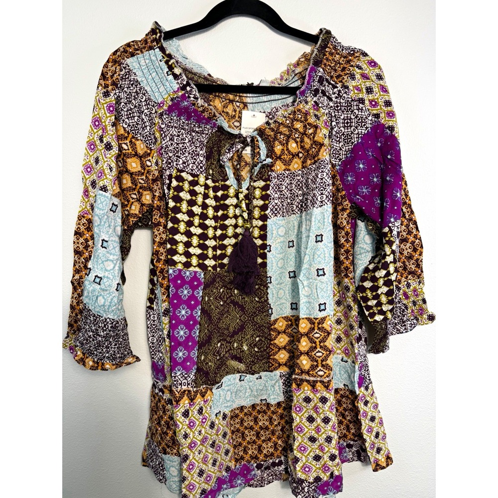 Cato Plus Size 18/20W Multicolor Patchwork Scoop Neck Tunic Blouse 3/4 Sleeve